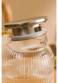 Resim Qerhome Borosilikat Cam Çizgili Sürahi Gold Saplı Metal Kapaklı 1500 Ml 