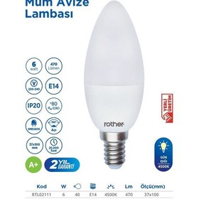 Resim Rtl02111 Rother Led Mum Avize Ampul 6w E14 470 Lümen 4000k Gün Işığı - Enerji Tasarruflu Ampul 