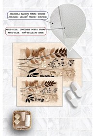 Resim Dijital Baskı Yaprak Desen Kaymaz Taban 2li Set Banyo Paspası Klozet Takımı 50x60cm-60x100cm Krem 