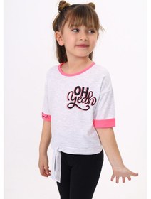 Resim Toontoy Kids Toontoy Kız Çocuk Önü Bağlama Detaylı Baskılı Tişört Gri Melanj 