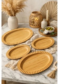 Resim Bambu Oval Servis Tabağı Seti Doğal Ahşap Şık Sunum Tabakları Farklı Boylarda Bej 