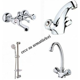 Resim Çevirmeli Evye + Banyo + Lavabo Bataryası + Sürgülü Duş Seti Krom 