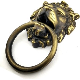 Resim Marsilyan Antika Tarz Dekoratif Pirinç Aslan Kapı Tokmağı, Taktak - 102X130 mm, Antik 