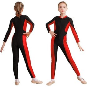 Resim Kızlar Dans Unitard Paten Tulum Tek Parça Uzun Kollu Bodysuit Jimnastik Leotard Kırmızı 
