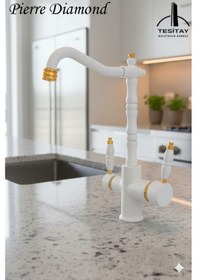 Resim 00-1 Antik Rustik Lüks Arıtmalı Mutfak Bataryası Nostalik Eviye Musluğu Beyaz - Altın 