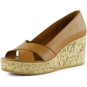 Resim Erkan Saçmacı Astrid Taba Hakiki Deri Çapraz Bantlı Mantar Taban Görünümlü Dolgu Topuklu Sandalet Taba 