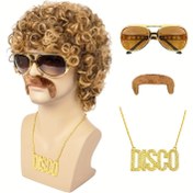 Resim Disco Peruk 5'li Set Peruk + Gözlük + Kolye + Bıyık + Peruk Kapağı 70'ler Kostüm Peruk Afrika Peruk Erkek Kısa Kıvırcık Doğal Kabarık Sentetik Saç Peruk Halloween Disco Partisi 