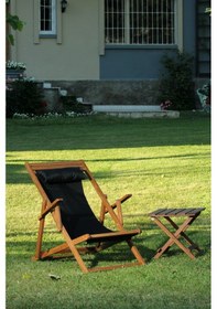 Resim Siyah Ayak Uzatma Tabureli Katlanır Ceviz Rengi Ahşap Şezlong Set 