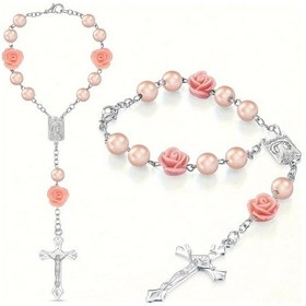 Resim Cloud011 Pembe Abs Araç Tespihi Aynalı Gül Madalyonlu Dua Boncuğu İç Dekor 