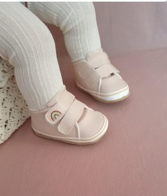Resim Pudra Gökkuşağı Nakışlı Cırt Cırtlı Kız Bebek Patik-g-2360 Pudra 