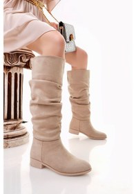 Resim Pabucmarketi Bej Süet Körüklü Kadın Topuklu Çizme Çok Renkli 