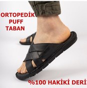 Resim Ayakkabiburada 034 Günlük Tam Ortopedik Hakiki Deri Erkek Terlik Puff Taban Siyah 