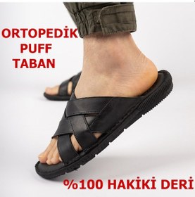 Resim Ayakkabiburada 034 Günlük Tam Ortopedik Hakiki Deri Erkek Terlik Puff Taban Siyah 