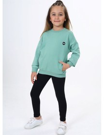 Resim Toontoy Kids Toontoy Kız Çocuk 2'li Takım Baskılı Bisiklet Yaka Düşük Omuz Cepli Sweatshirt & Basic Düz Tayt Yeşil 