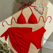 Resim 3 adet ANGLANNIS Kadın Bikini Seti - Seksi Düz Renk Mayo, Ayarlanabilir Askılar, Yüksek Bel Altı, Bağcıklı Detay ve Eşleşen Kapak Etek - Plaj Tatilleri, Plaj Giyimleri için Esnek ve Nefes Alabilen Polyester/Spandex Karışımı | Havlu Sarma Kapak | Esnek Kumaş 
