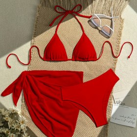 Resim 3 adet ANGLANNIS Kadın Bikini Seti - Seksi Düz Renk Mayo, Ayarlanabilir Askılar, Yüksek Bel Altı, Bağcıklı Detay ve Eşleşen Kapak Etek - Plaj Tatilleri, Plaj Giyimleri için Esnek ve Nefes Alabilen Polyester/Spandex Karışımı | Havlu Sarma Kapak | Esnek Kumaş 