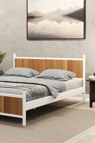 Resim Metalia GM 305 MODERN ÇİFT KİŞİLİK AHŞAP METAL BEYAZ CEVİZ KARYOLA 160X200 