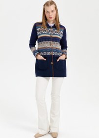 Resim Desen Kadın Midi Oversize Desenli Kaban - Vintage Tarz - Lacivert / S 