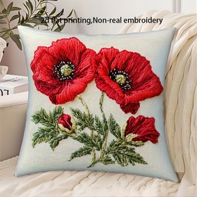 Resim 1 adet Vintage ilhamlı 45.72cm x 45.72cm Kısa Peluş Dekoratif Yastık Kılıfı, Canlı Kırmızı Poppy Çiçekleri ve Yeşil Yapraklarla - Gerçek Olmayan Nakış, Makine Yıkamalı Polyester, Fermuar Kapatma, Koltuk, Oturma Odası, Yatak Odası, Ofis Dekoru, Oturma Odası Acenti için Mükemmel | Vintage ilhamlı Tasarım | Fermuarlı Kılıf, Dekoratif Yastıklar 