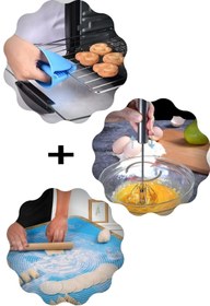 Resim RoseRoi Silikon Hamur Matı+ Silikon Fırın Eldiveni+ Çelik Basmalı Otomatik Çırpıcı Set 