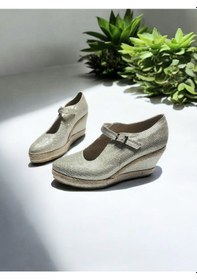 Resim Dolgu Topuk Hasır Tokalı Balerin Espadril Altın 