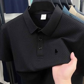 Resim Erkekler için Geometrik Desenli Rahat Golf Gömleği, Hafif Örgü Kumaş, Düzenli Kesim, Kısa Kollu, Düğmeli Yaka, Yazlık Giyim, Golf Gömleği 