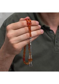 Resim 925 Ayar Gümüş Püsküllü Kapsül Kesim Sarı Kehribar Tesbih 