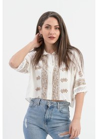 Resim Antik Desenli Kolları Püsküllü Gömlek - Kahverengi-kahverengi Kahverengi 