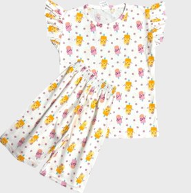 Resim Aliş Kids Kız Çocuk Pamuklu Beyaz Çiçek Desenli Kolları Fırfırlı Kısa Kollu Şortlu Yazlık Pijama Takımı Beyaz Sarı 