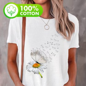 Resim Kadınlar için %100 Pamuklu Kısa Kollu Yumuşak Tişört, Özel Papatya ve Yusufçuk Baskılı - Rahat, Nefes Alabilir ve Makinede Yıkanabilir İlkbahar/Yaz/Sonbahar için Sevimli Tişörtler 