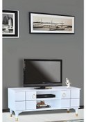 Resim Lena Tv Sehpası Beyaz 2 Kapaklı Gold Halkalı Kulplu Yerden Yüksek 130x36x50 Cm 