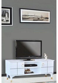 Resim Lena Tv Sehpası Beyaz 2 Kapaklı Gold Halkalı Kulplu Yerden Yüksek 130x36x50 Cm 