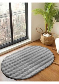 Resim Raschel Carpet Açık Gri Yumuşak Bubble Kaymaz Özel Taban Oval Peluş Halı Yolluk 
