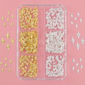 Resim Kutu başına 430 adet Hipoalerjenik Tırnak Sanatı Çivisi Seti, 3D Altın & Gümüş Haç Yıldız Süsleri, Mini Metal Altıgen Bakır Perçinler, Kadınlar için DIY Manikür Aksesuarları 