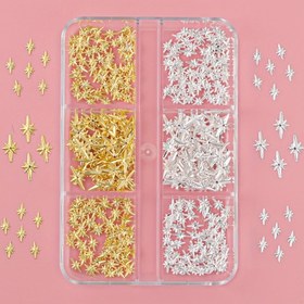 Resim Kutu başına 430 adet Hipoalerjenik Tırnak Sanatı Çivisi Seti, 3D Altın & Gümüş Haç Yıldız Süsleri, Mini Metal Altıgen Bakır Perçinler, Kadınlar için DIY Manikür Aksesuarları 