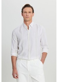 Resim Erkek Bej Ekru Pamuklu Keten Slim Fit Dar Kesim Düğmeli Yaka Çizgili Gömlek Bej Ekru 