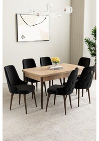 Resim Clara Meşe Desen 80x132 Açılabilir Mutfak Masası Takımı 6 Adet Sandalye Siyah 