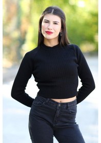 Resim Kadın Siyah Fitilli Crop Triko Kazak Kısa Model Akrilik Kumaş Ribanalı - 3122 Siyah 