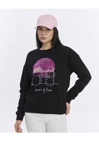 Resim Kadife Gün Batımı Desenli Siyah Yumuşak Dokulu Regular Fit Bisiklet Yaka Kadın Sweatshirt Siyah 