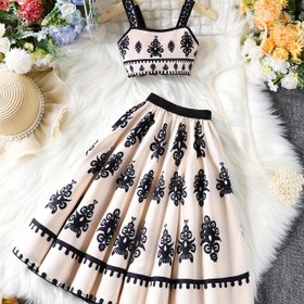 Resim Kız Çocukları için Etnik Tarz Tatil Baskılı Şal Üst ve Askılı Maksi Etek İkili Takım 