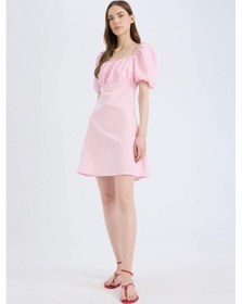 Resim Defacto Kare Yaka Keten Karışımlı Kısa Kollu Mini Elbise D8272ax25smpn663 Pembe-pn663 