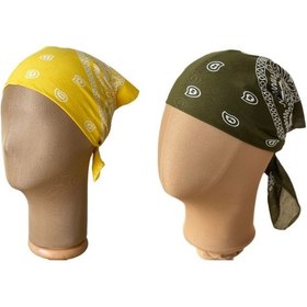 Resim Pamuklu Klasik Desen Unisex 2li Bandana Seti Renkli Bandana Etnik Desenli A Kalite Bandana Sarı - Haki 