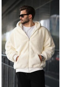 Resim Madmext Ekru Peluş Over Fit Kapüşonlu Fermuarlı Erkek Sweatshirt 6049 Ekru 