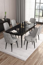 Resim Canisa Are Serisi 80x132 Mdf Açılabilir Siyah Mermer Desen Masa Takımı Ve 6 Gri Sandalye 