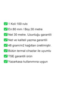 Resim 80x30 Metre Yazarkasa Ve Adisyon Rulosu 100'lü Koli / En:80 Mm Boy:30 Metre 