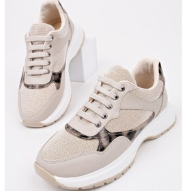 Resim Muggo Melody Kadın Kalın Taban Günlük Leopar Desenli Bağcıklı Sneaker Spor Ayakkabı Ten 