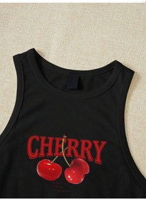 Resim Afri Kadın Siyah "Cherry" Baskılı Kolsuz Crop Atlet - Yazlık Sokak Stili Siyah 