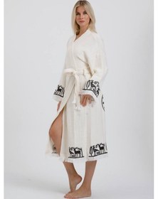 Resim Hitit Müslin Kimono Pamuklu Lotus Baskılı Desenli Bornoz Kaftan Sabahlık Ekru 