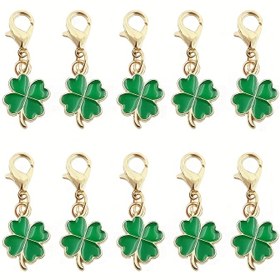 Resim İki Kat Şans! St. Patrick Günü, Mezuniyet ve Düğün Süslemeleri için Lobster Clasp Tasarımlı 10 Yeşil Yonca Alaşımlı Anahtarlık 