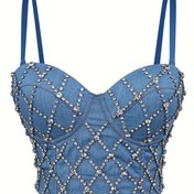 Resim Kadınlar için Boncuklu Korse Kolsuz Üst - Şık Mavi Kotlu Rhinestone Detaylı, Yaz Tatilleri ve Günlük Kıyafetler için Crop Kolsuz Tank Üstü | Crop Kolsuz Üst | Spandex Karışımı 